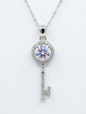 1 CTW VVS Moissanite Key Pendant Necklace .925 Sterling Silver